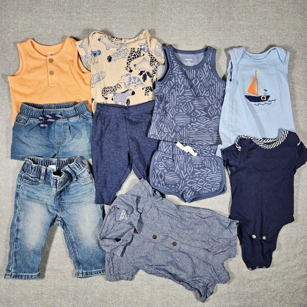 Carters Little Me Baby Boy 0-3M Clothes‎ Bundle 9pc Jeans Bodysuits Shorts Blue